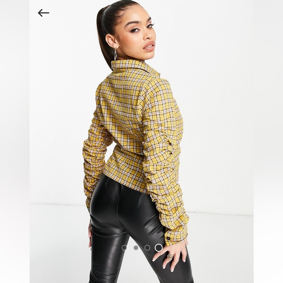 S/4  button down collar ruched check shirt in mustard chekered plaid yellow - Picture 3 of 8